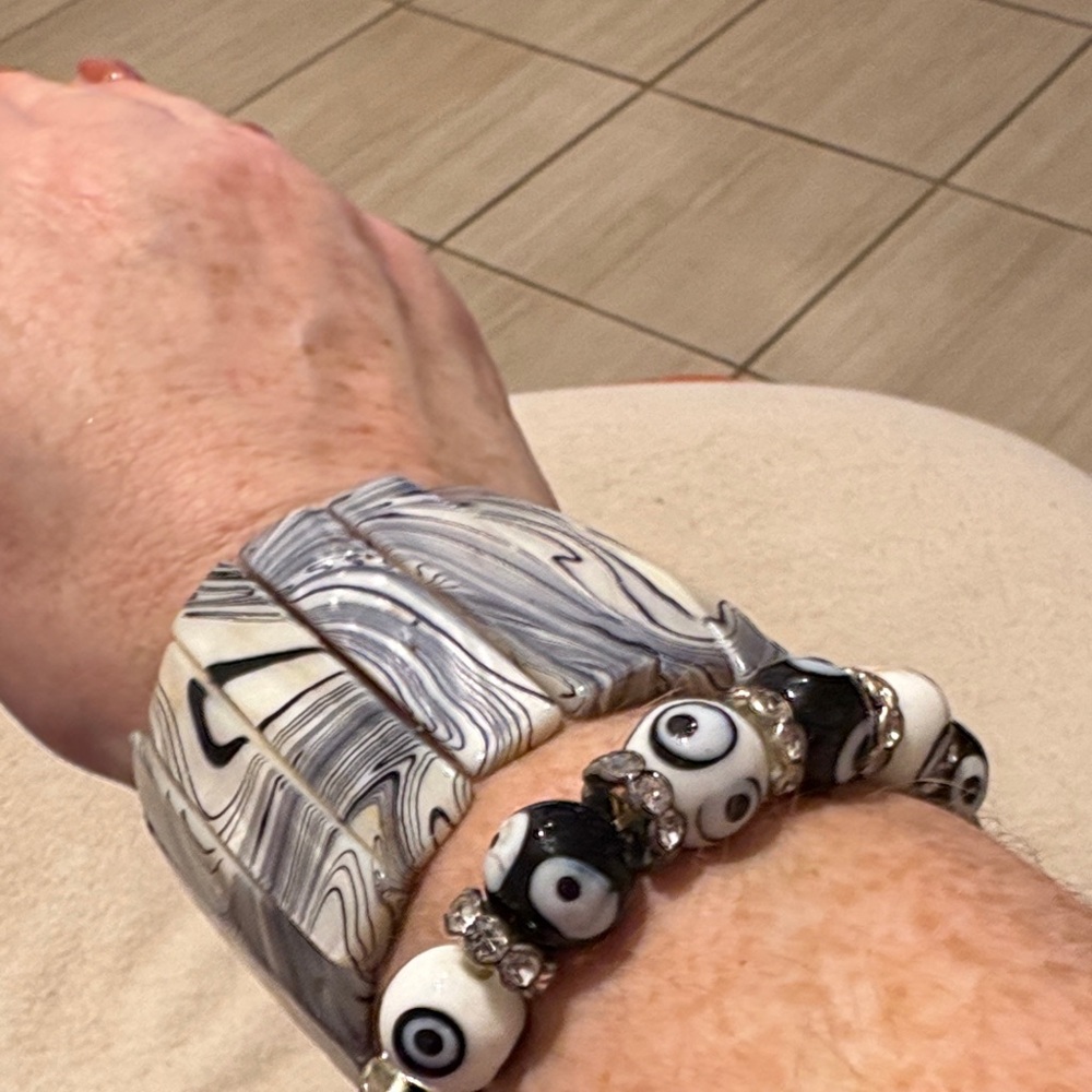 Set of 2 Black & White Stretch Bracelets | Evil Eye Beads + Statement Bracelet